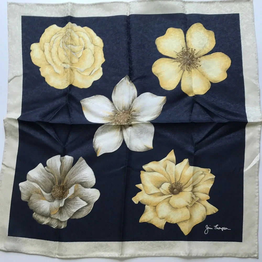 JIM THOMPSON 100% SILK SCARF NAVY FLORAL SQUARE HAND ROLLED HEM